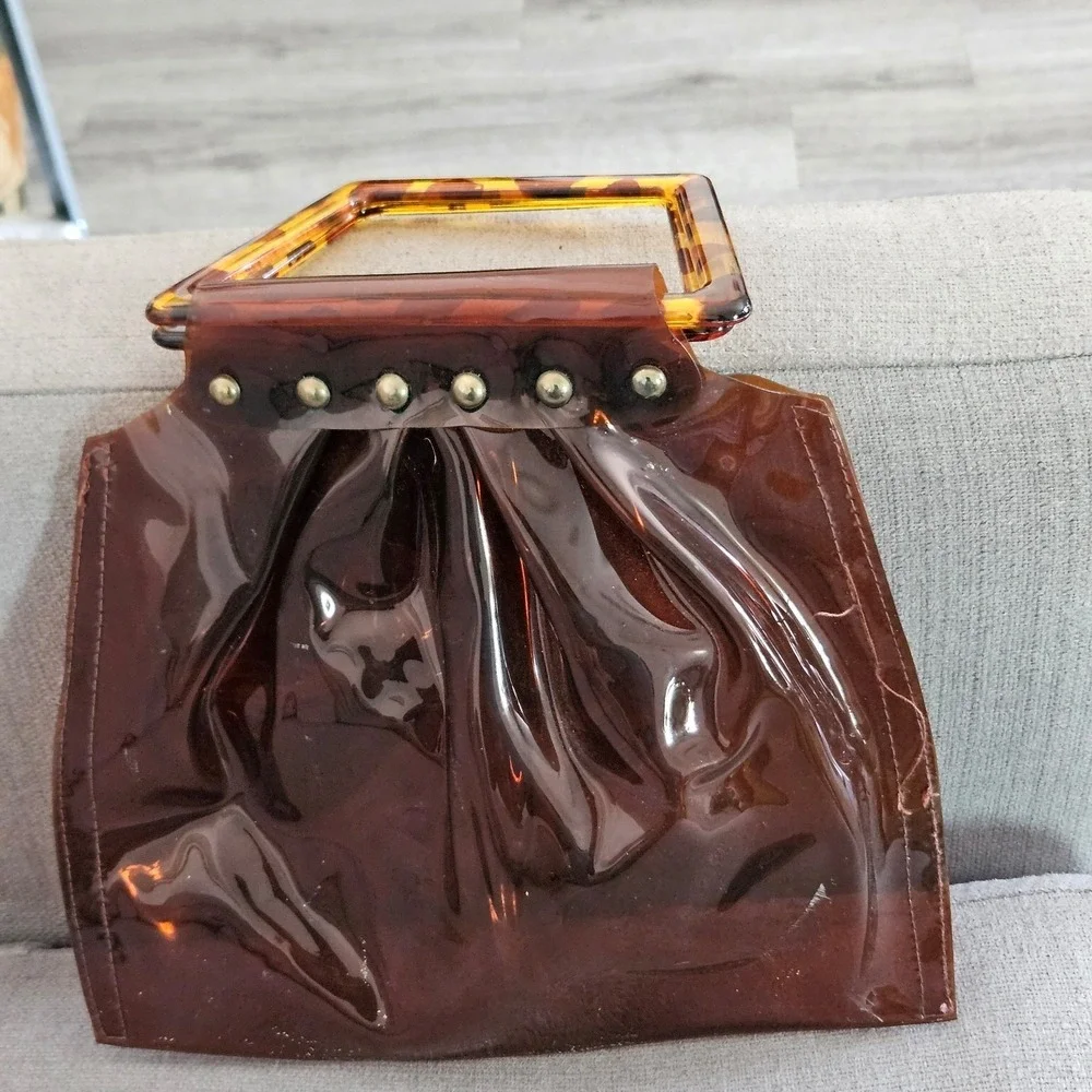 Brown Tinted Vinyl Clutch Bag with Tortoise Hard Plastic Handles